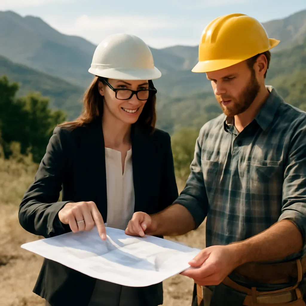 Architect and builder reviewing site plans in mountain setting