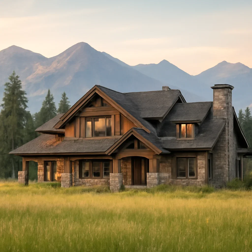 Custom residence framed by meadow, timber, and mountain horizon